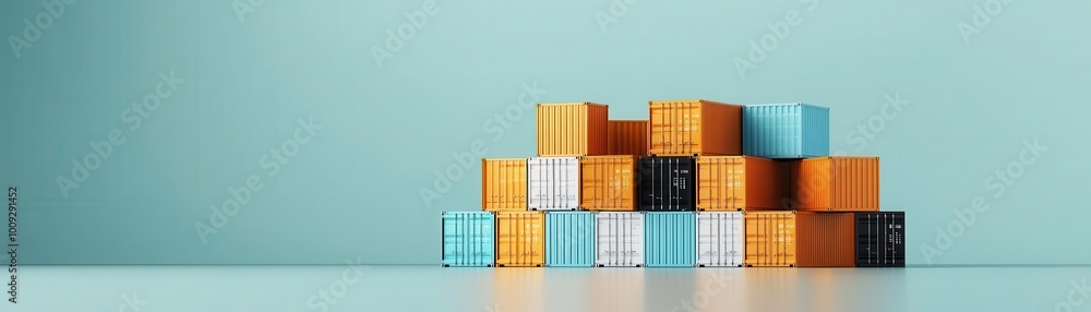 Poster colorful shipping containers stacked against a minimalist backdrop, perfect for concepts of logistic