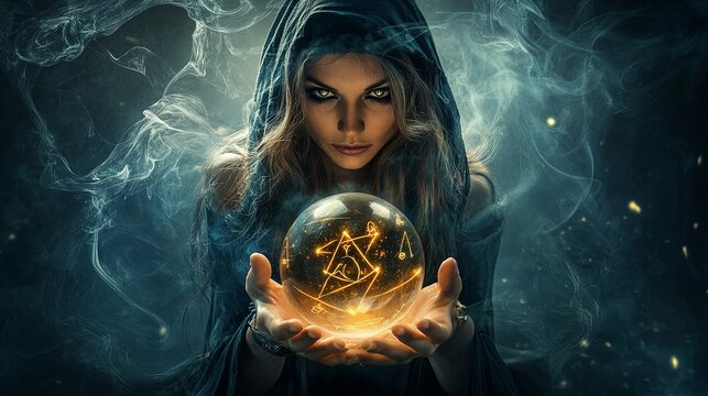 A mystical figure in a hooded cloak holds a glowing crystal ball, surrounded by ethereal smoke and light.