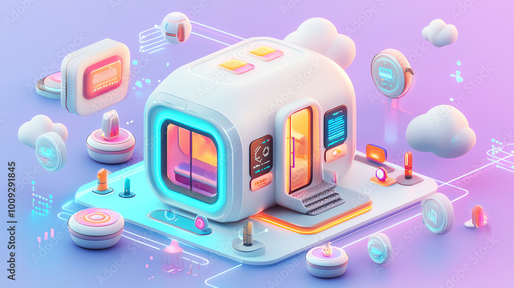 Poster compact futuristic house with minimalist architecture, surrounded by hightech infrastructure in a gl