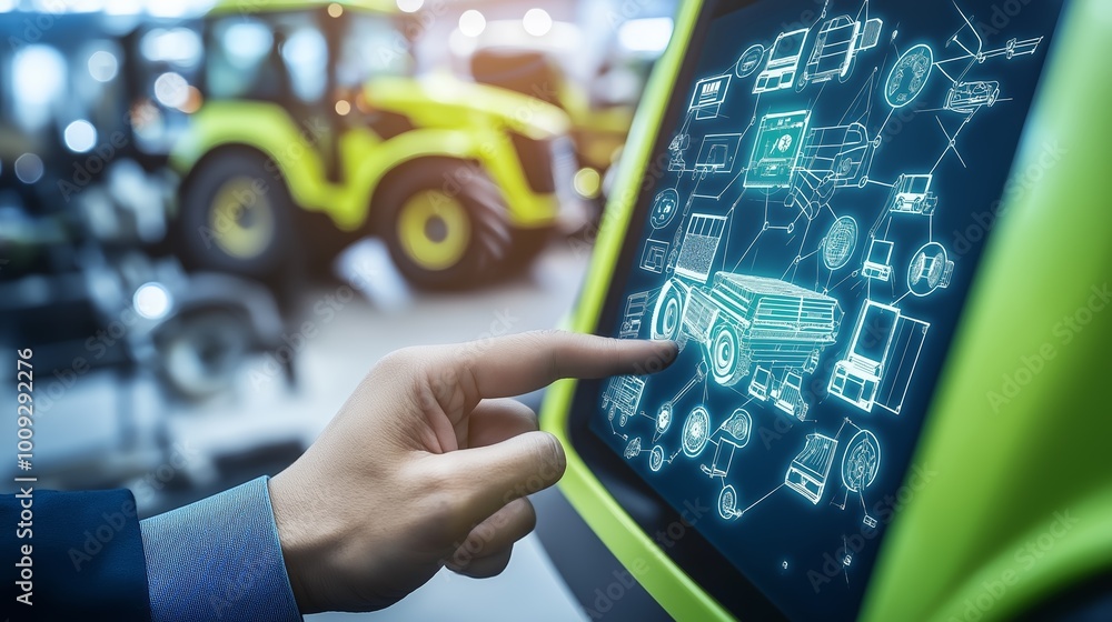 Poster A hand interacting with a touchscreen display showing tractor controls and data, symbolizing innovation and technology in modern agriculture, Generative AI