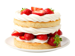 Strawberry cake with whipped cream and fresh strawberries on white background