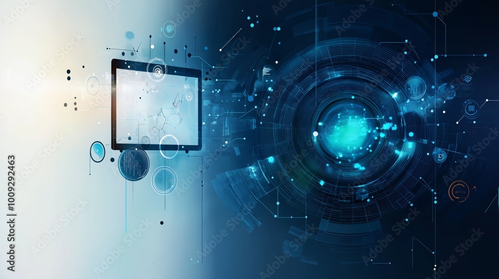 Poster A futuristic digital interface with circles and data streams, highlighting technology, innovation, and the flow of information in a high-tech world, Generative AI
