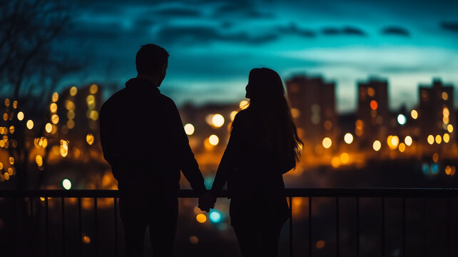 couple holding hands in silhouette against city skyline at dusk, with vibrant lights creating romantic atmosphere. scene captures moment of connection and intimacy