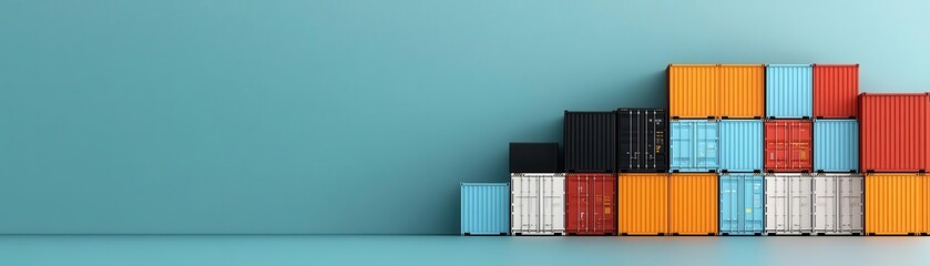 Colorful shipping containers stacked against a simple blue wall, showcasing industrial design and logistics in modern transport.