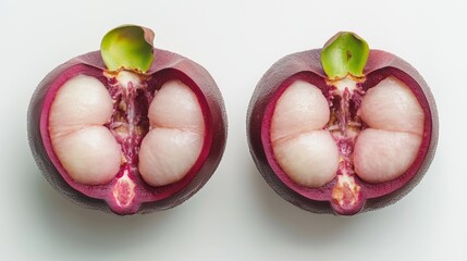 Two mangosteen with a pinkish color and a white center. The fruits are cut in half and the inside is visible