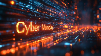 Bright digital display announcing Cyber Monday sales with neon lights streaming in a dark background
