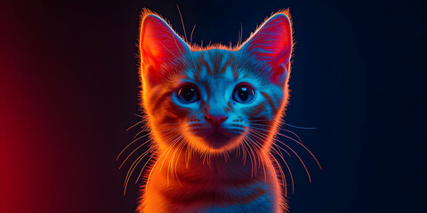 A Close-Up Portrait of a Kitten Illuminated by Vibrant Red and Blue Lights