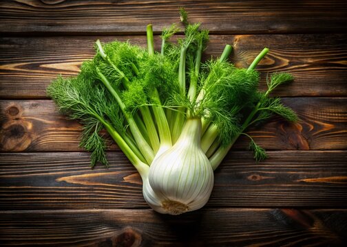 Fresh and vibrant funcho vegetable on a rustic wooden table ready for culinary use in recipes