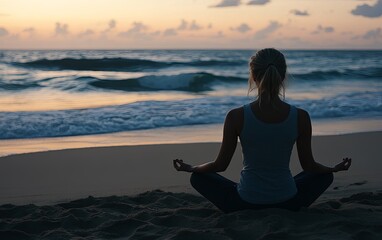 Fototapeta premium A person meditating on the beach at sunset, embracing tranquility and connection with nature.