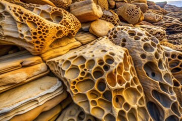 Close-up of eroded sandstone rocks with honeycomb texture and natural beauty