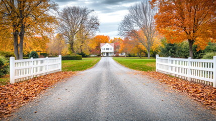 Autumn drive showcasing a charming white picket fence along a gravel road leading to a beautiful house surrounded by colorful trees and fallen leaves