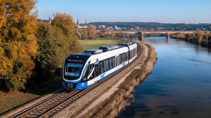 Naklejka premium A high-speed train travels along the railway, showcasing a modern passenger car against a backdrop of lush greenery, a lake, mountains, and a beautiful autumn sunrise
