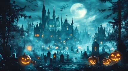 Spooky Halloween Night with Haunted Castle and Pumpkins