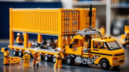 Vibrant action scene of a crane lifting a container to load onto a truck by the sea