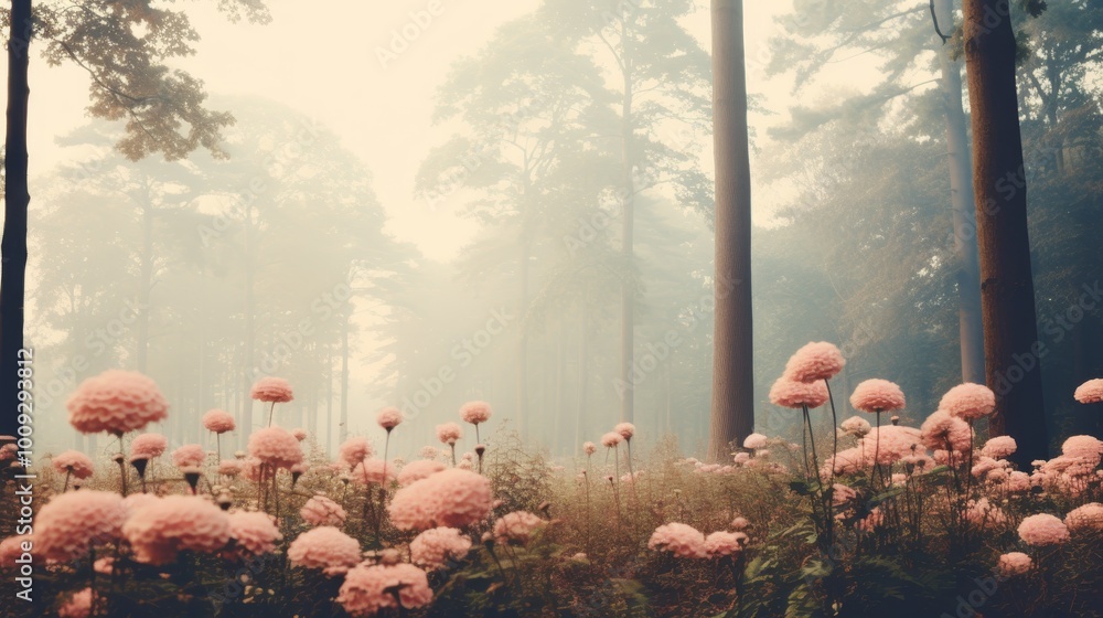 Poster enchanting forest scene in soft pastels with misty atmosphere and abstract trees of wonder