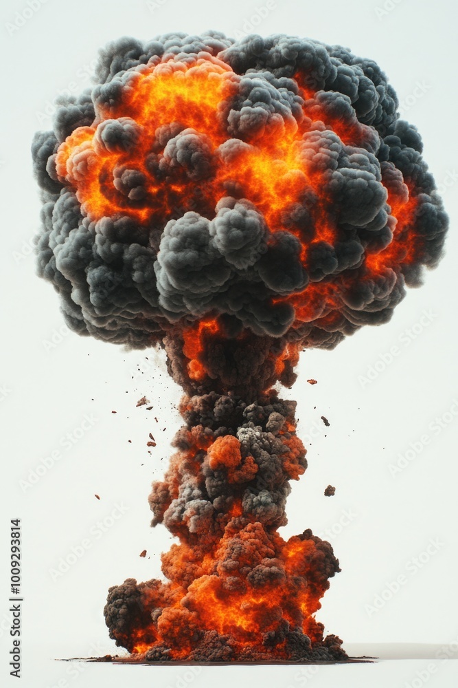 Poster a large explosion of black smoke and red flames, suitable for use in scenes of destruction or chaos