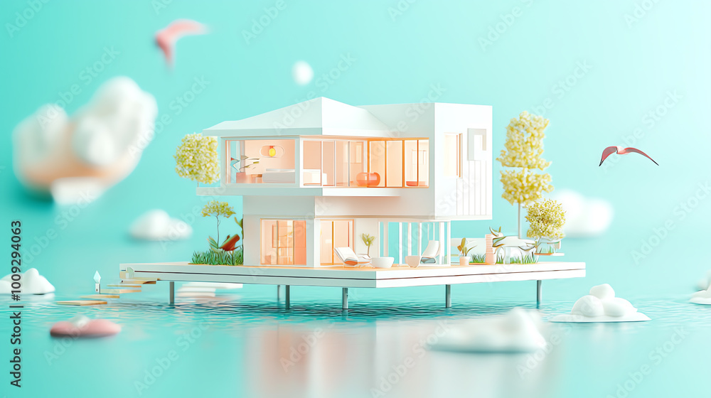 Poster miniature futuristic house with a bold architectural concept, featuring sharp angles and floating pl