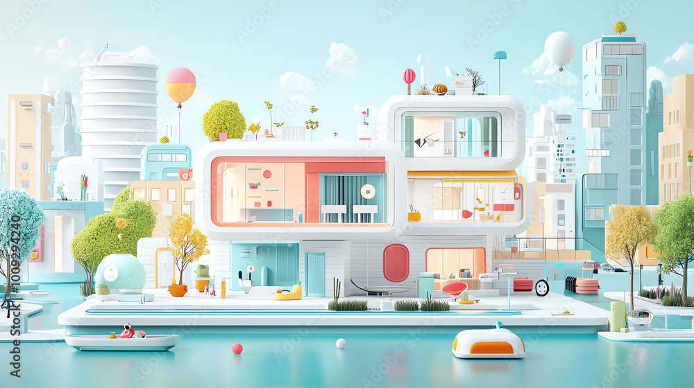 Poster compact futuristic house with ultramodern architecture, floating between the towering structures of 