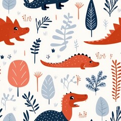 Minimalist seamless pattern featuring a dinosaur and plant on a white background