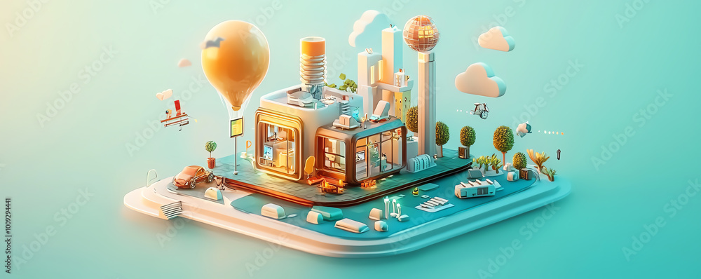Poster concept of a miniature futuristic house with modular architecture, integrating green energy and smar
