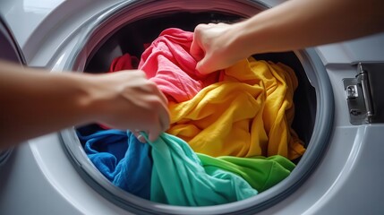 A close-up of colorful laundry being loaded into a washing machine.