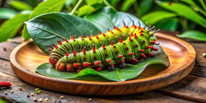 Fresh Chontacuro - Exotic Amazonian Caterpillar Delicacy on a Wooden Plate Surrounded by Green Leaves