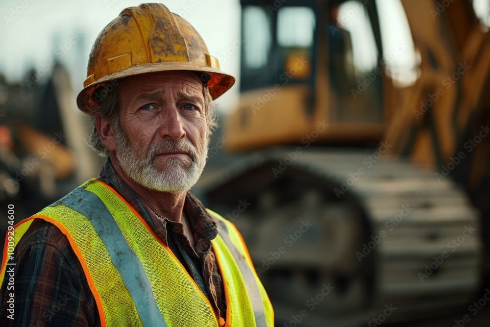 Poster a worker stands next to heavy machinery for construction projects, this image can be used for presen