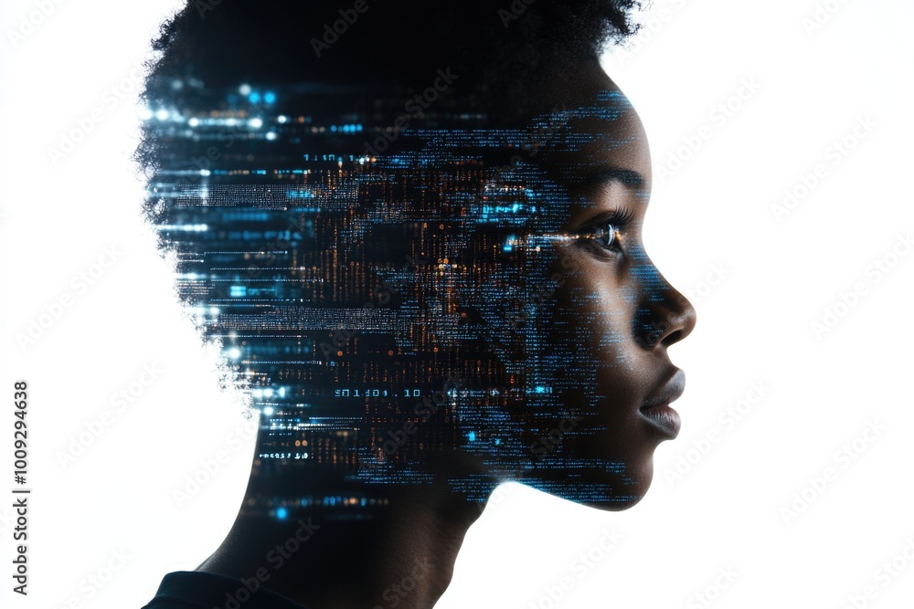 Poster a close-up photo of a woman's profile with a digital image of her face, suitable for use in technolo
