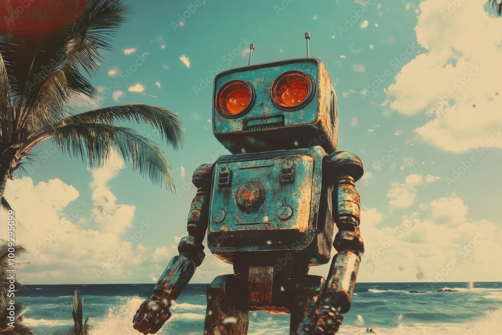 Aufkleber a robot standing on a beach next to the ocean, with waves and sand in the background