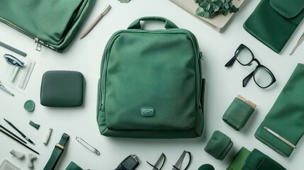 Green backpack and accessories on white background. Flat lay, top view. fashion and traveling accessories of men on flat lay composition. life style theme.
