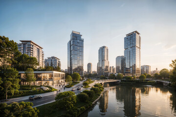 Aerial View of Modern City Skyline at Sunset with Skyscrapers, River, and Bridge