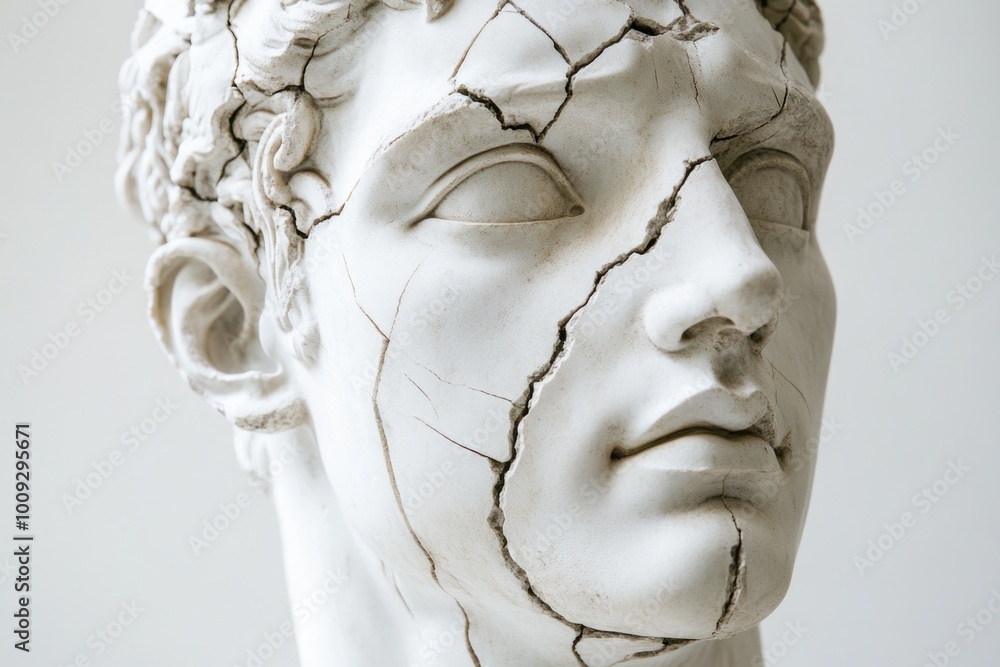 Poster A detailed view of a statue featuring a man's face, with intricate features and expression