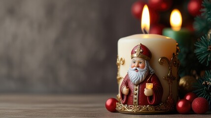 Christmas candle featuring Saint Nicholas stands on a table, glowing warmly.