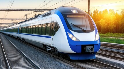 Naklejka premium A high-speed train travels along the railway, showcasing a modern passenger car against a backdrop of lush greenery, a lake, mountains, and a beautiful autumn sunrise.