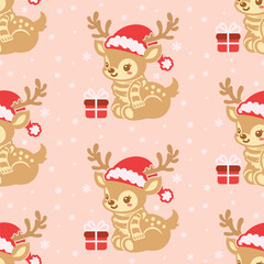 Light peach color Christmas pattern. Christmas gifts with cute reindeer background.