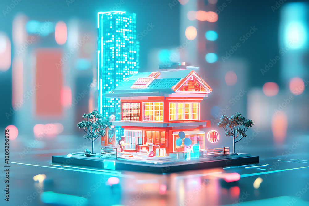 Poster miniature house with advanced architecture, placed on the rooftop of a skyscraper in a hightech futu
