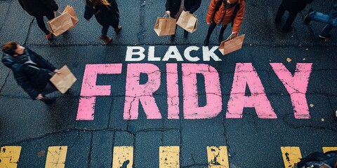 A close-up of a pink Black Friday inscription on the asphalt against a background of blurred people with colorful bags. The concept of discounts and sales