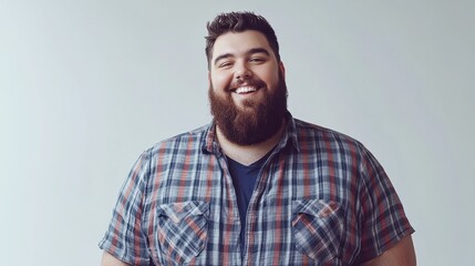 Fototapeta premium Happy fat man in casual wear and with beard stands on white background, looks into camera and smiles. Cheerful big body positive guy