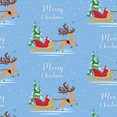 Blue Christmas pattern. Santa Claus sleigh with reindeer.