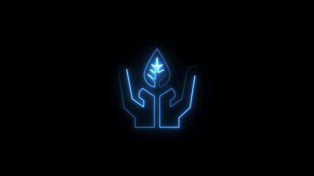 Glowing neon Hand hold a leaf of the plant icon. Care nature. Leaf shoots with environmental protection Planting sapling. Ecology concept.