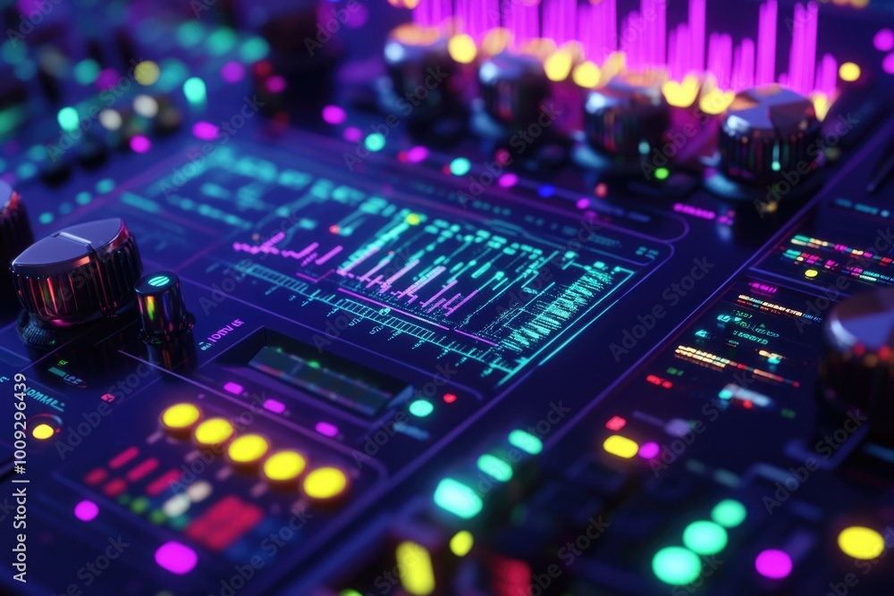 Poster Close-up of a sound board with colorful lights, ideal for use in music or tech related contexts