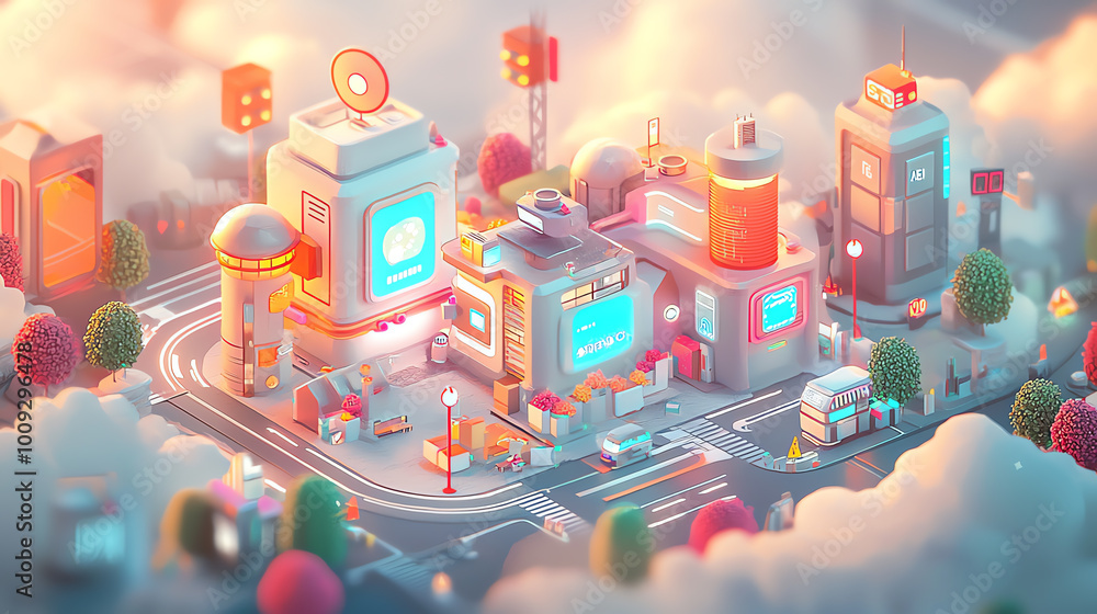 Poster compact futuristic house with ultramodern architecture, floating between the towering structures of 