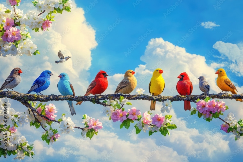 Poster a group of vibrant birds perched on a tree branch, ready to take flight