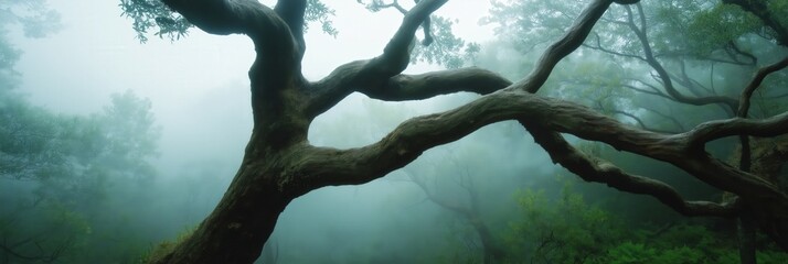 Mystical forest with twisted trees in foggy atmosphere