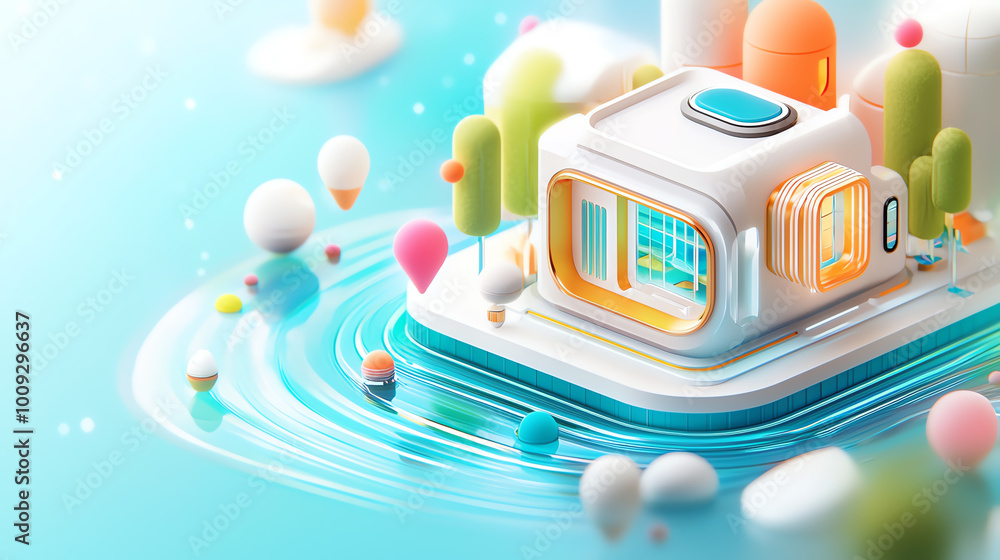 Poster conceptual miniature futuristic house with geometric architecture, floating on a platform with advan