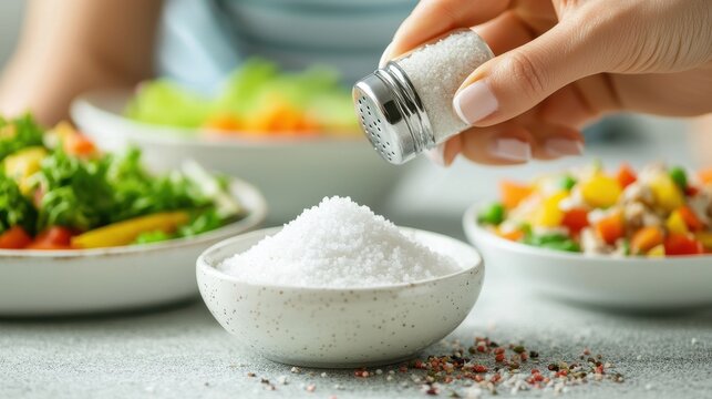 Adding salt to a bowl of seasoning with fresh salads in the background.
