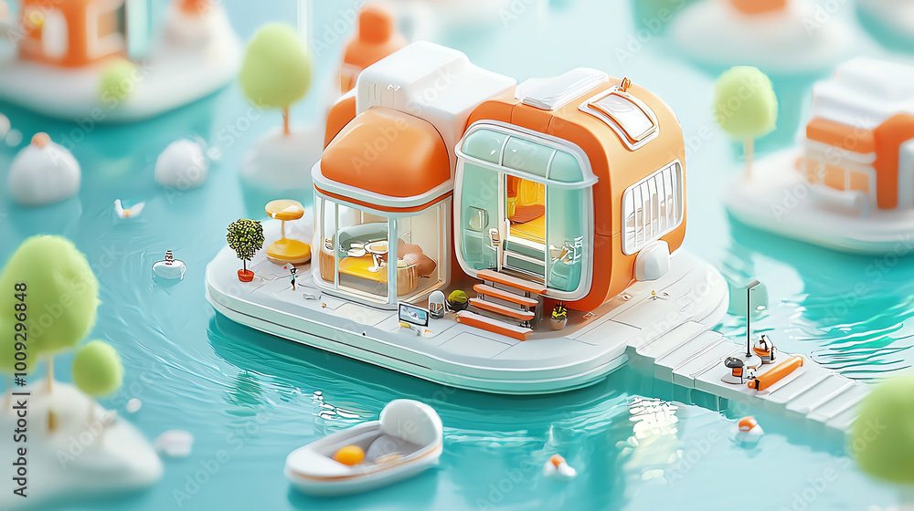 Poster compact futuristic house with ultramodern architecture, floating between the towering structures of 