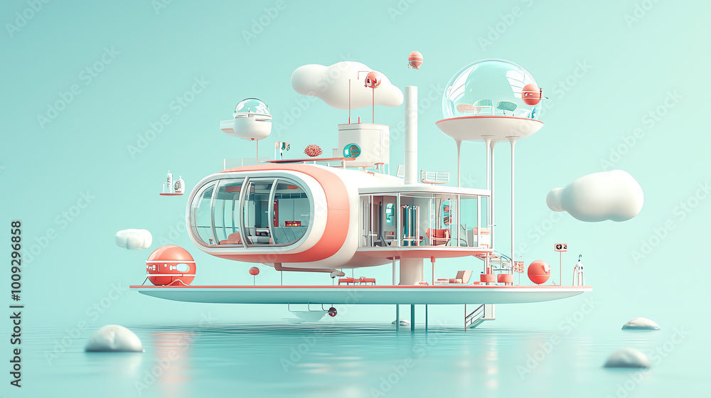 Poster miniature futuristic house with a bold architectural concept, featuring sharp angles and floating pl