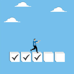 Fototapeta premium Businessman step on checklist, progressing from start to success