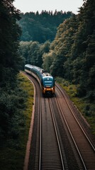 Fototapeta premium A high-speed train travels along the railway, showcasing a modern passenger car against a backdrop of lush greenery, a lake, mountains, and a beautiful autumn sunrise.